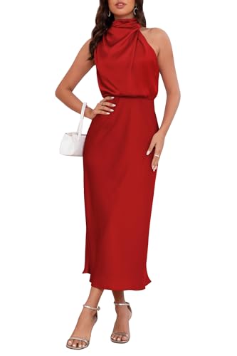 Image of Women's Satin Maxi Dress Summer Formal Wedding Guest Cocktail Dress | Mock Neck Sleeveless,Elegant Silk Midi Long Dress,High Neck,Halter,Aline,Bridesmaid,Bridal Shower Guest,Garden Party,Dinner
