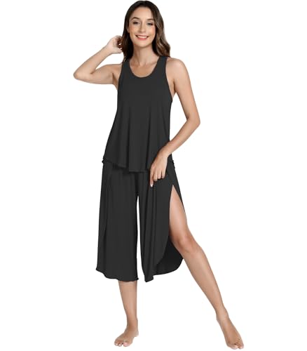 Image of NACHILA Bamboo Viscose Pajamas for Women Racerback Tank Capri Set | High Side Slits Design, Unrestricted Movement, Cooling Feel, Relaxed Loose Fit, for Hot Sleepers