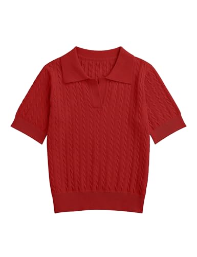 Image of Girls Short Sleeve Polo Shirt Summer Knit School Uniform Blouse V Neck Cable Pullover Sweater Tops 5-14 Years