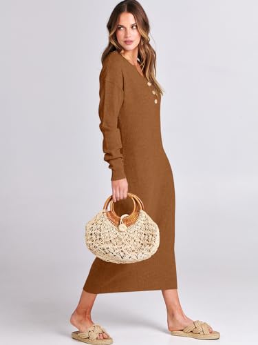 Image of ANRABESS Women Long Sleeve Button V Neck Oversized Casual Loose Fit Waffle Knit Fall Midi Sweater Dress 2026 Trendy Outfits