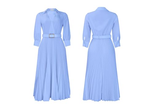 Image of Famnbro Womens Pleated Dress V Neck Long Sleeve A line Church Formal Works Business Dresses with Belt