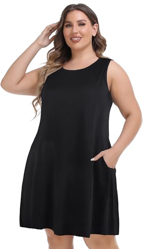 elescat Plus Size Summer Dresses for Women Sleeveless Pockets Beach Tshirt Tank Sundress4