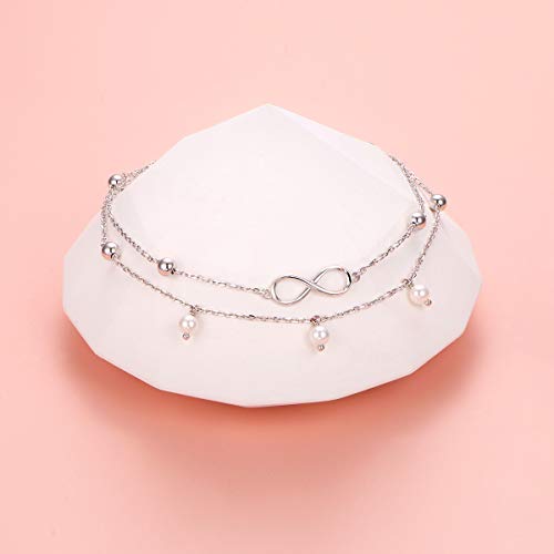 Flyow Anklet For Women S925 Sterling Silver Adjustable Foot Beaded Pearl Infinity Girls Ankle Bracelet Anklets Jewelry #TOP3