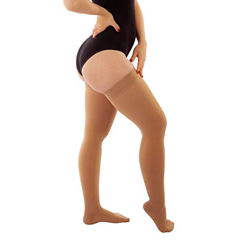 RIEMTEX® Medizinische abgestufte Kompressionsstrümpfe Klasse 2 CCL2 geschlossene Spitze Oberschenkel Schenkelstrümpfe nahtlos für Damen und Herren Beige o. Schwarz (Größe 3) Cover