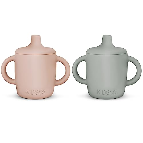 Image of KIDSco. Silicone Sippy Cups (2 Pack) – Soft Spout & Open Training Cups for Babies 6+ Months | Easy Grip Handles, Unbreakable BPA-Free Silicone, Leak-Resistant, Dishwasher Safe (Pink and Grey Mist)