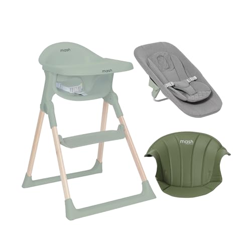 Mash High Chair Bundle by Baby Elegance | Includes Newborn Seat (0-6 Months), Toddler Seat (6+ Months) & Sage Cushion | Adjustable Sage High Chair for Babies & Toddlers