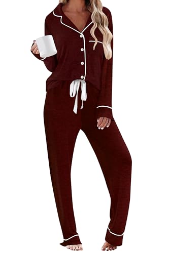 Image of HNG Pajamas for Women Set 2 Piece Pj Set Long Sleeve Button Up Lounge Sets Sleepwear with Pockets XS-XXL