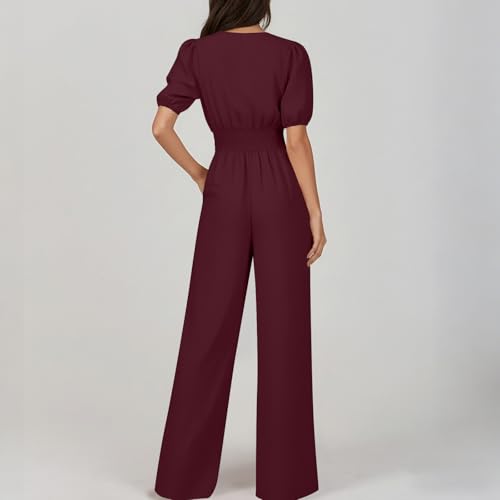 Image of HGps8w Jumpsuits for Women Dressy 2026 Summer Button Front V Neck Puff Sleeve Elegant Wide Leg Pants One Piece Romper