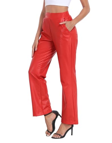 HDE Women's Pull On Faux Leather Kick Flare Pants High Waisted Pant with Pockets3