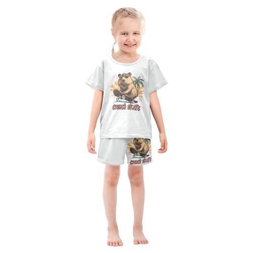 Beaver Palm Tree Yellow Pajama Set Short Sleeve Pajamas Shorts Sets Cotton PJS 2 Piece Clothes Set 5Y3