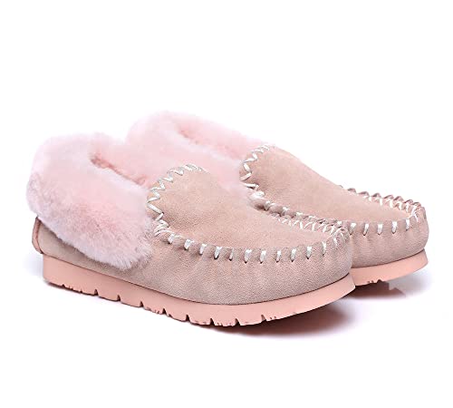 UGG Slippers Women Australian Premium Soft Sheepskin Wool Winter Home Cozy Slipper Popo Moccasin Shoes Pink AU Ladies 8 / AU Men 6 / EU 39