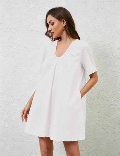 Image of OLAPTA Women Summer Sleeveless Babydoll Mini Tank Dresses Loose Fit Scoop Neck Ruched Short Dress with Pockets Party Clubwear
