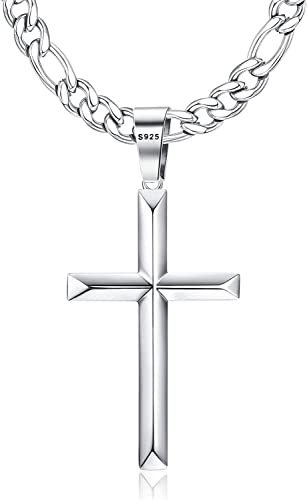KRFY Colgante Cruz Plata de ley 925 con Cadena Figaro Corte Diamante Acero Inoxidable Collar con Colgante de Cruz de Borde Biselado Altamente Pulido Delicado Para Hombres Mujeres 46/51/56/61/66/76CM