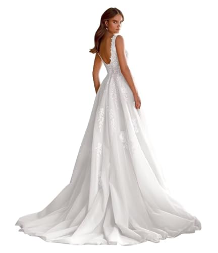 Sleeveless V Neck A Line Wedding Dresses for Bride 2025 Beach Boho Lace Applique Long Bride Gowns with Slit