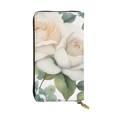 White Watercolor Floral Rose Prints Leather Long Clutch Wallet for Fashionable Girls and Women - Durable, Stylish, and Functional, Black, One Size
