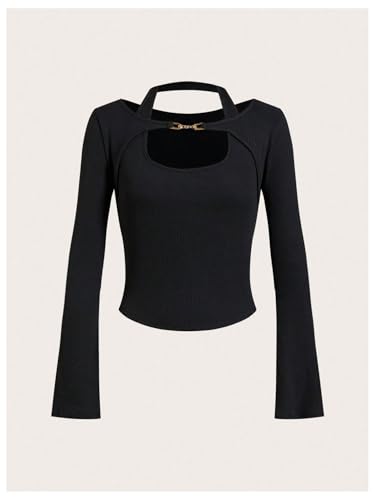 SOLY HUX Women's Long Sleeve Shirts Y2k Crop Tops Halter Neck Fitted T-Shirt Going Out Tees2