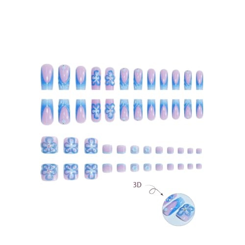 Image of 48 Pcs Blue French Tip Press on Toenails 3D Flower Press on Nails Square Fake Nails with Design Ombre Glue on Toe Nails Set for Women Glossy Artificial Acrylic Full Cover Manciure