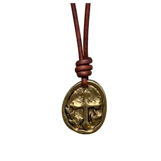 Cross Coin Leather Necklace Men - Gold Religious Pendant, Medallion Christmas Gifts, Catholic Jewelry, Mens Crosses, Women Gift for Husband, Christian Faith, Best Friend Protection (Gold)
