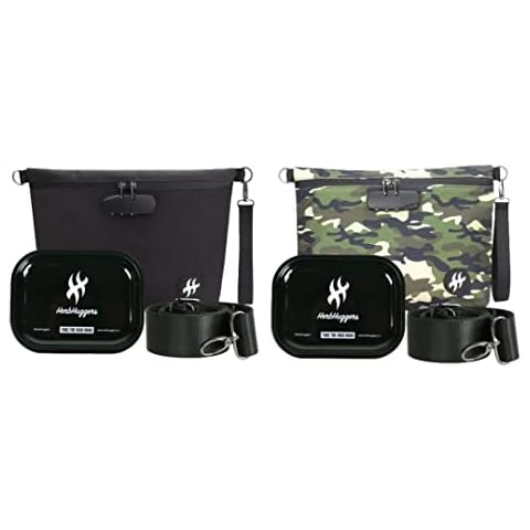 HerbHuggers Two Smell Proof Bags Bundle with Combination Locks, 12" x 8.5", Scent Proof Stash Pouch Featuring Detachable Shoulder & Wrist Strap, Four Interior Pockets + Bonus Metal Rolling Tray Cover