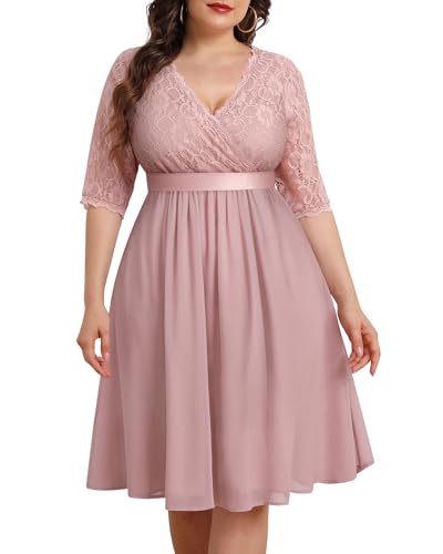 Pinup Fashion Übergröße, Spitze, Chiffon, Wickelkleid, V-Ausschnitt, Cocktailkleid, Hochzeitsgäste, Midi-Kleid, Pink Dusty, 44 Mehr