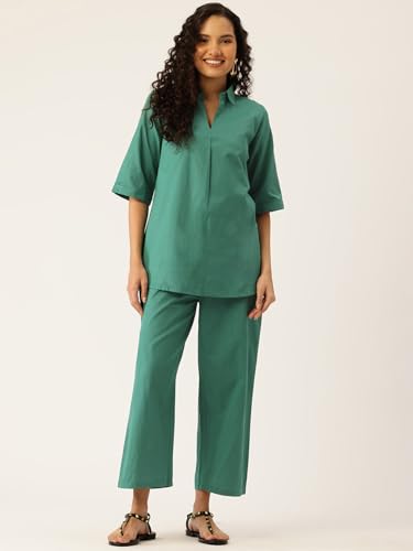 Image of Amazon Brand - Tavasya Women Solid Shirt Collar Co-Ord Set | Cuff Sleeve | 2 Piece Summer Outfits | Casual