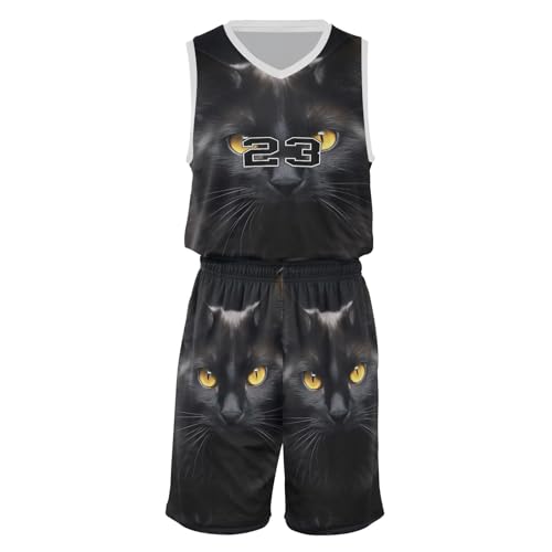 FLildon Black Cat Pattern Boys Basketball Jersey Set Tank Top Shorts Tracksuit Sport Training Suit for Kids, M