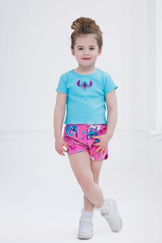 Disney Lilo & Stitch Big Girls Ribbed T-Shirt and French Terry Shorts Outfit Set Blue/Pink Stitch 10-12 - image 2