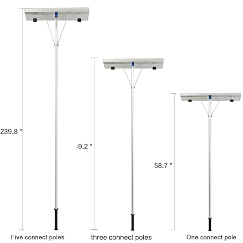 Adjustable Aluminum Roof Rake with Telescoping Pole (58-239in) Non-Slip Handle No Tools Needed - Ideal for Snow Leaves and Debris Removal