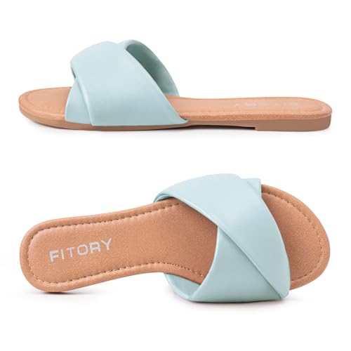 Image of FITORY Women's Flat Sandals Fashion Slides With Soft Leather Slippers for Summer Size 6-11