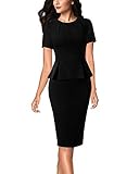 VFSHOW Womens Black Pleated Crew Neck Peplum Work Business Office Church Bodycon Pencil Sheath Dress 3593 BLK S