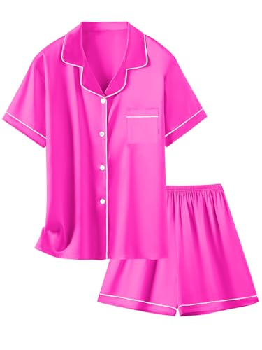Image of Schbbbta Women Pajamas Set, 2 Pieces Satin Silk Button Down Pjs Short Sleeve Outfits Loungewear