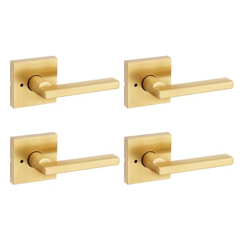 Image of Kwikset Halifax Interior Square Privacy Door Handle with Lock, Door Lever for Bathroom and Bedroom, Satin Brass, Reversible Keyless Push Button Lock Door Lever, 4 Pack