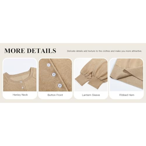Womens Button Crew Neck Sweater Fall Long Sleeve Henley Shirts Trendy Loose Knit Pullover Tops, Lantern Sleeve Sweater3