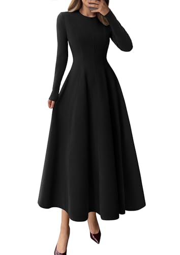 PRETTYGARDEN Cocktail Dresses for Women 2026 Elegant Classy Fall Long Sleeve Midi A Line Flowy Modest Winter Party Dress (Black,Medium)