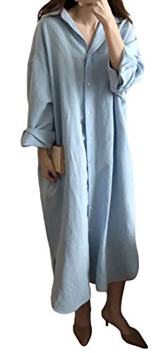 GGUHHU Womens Chic Button Down Rolled-Up Sleeve Long Cotton Blouse Maxi Dress2