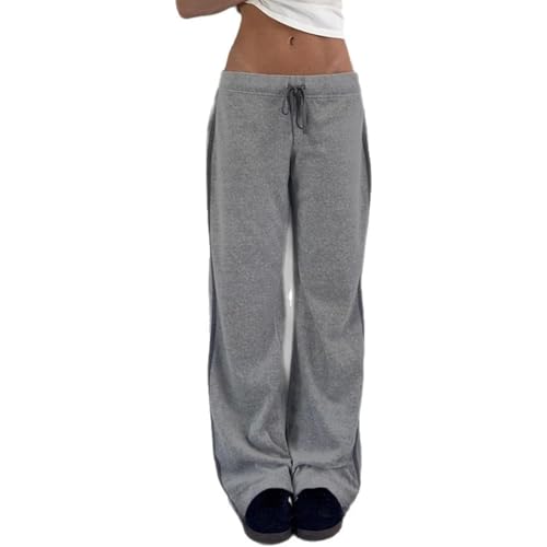 Grey Wide Leg Sweatpants Drawstring Waist Loose Fit Long Pants Y2K Aesthetic Casual Streetwear Lounge Trousers