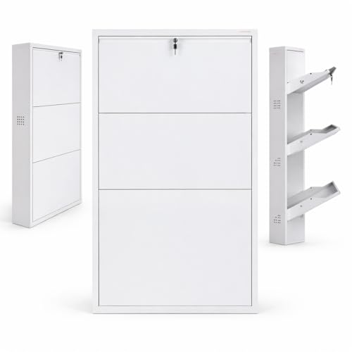 Image of TUFFERONE Heavy-Duty Metal Shoe Rack | 3-Door Wall-Mounted Organizer | White | Durable 3-Layer Footwear Stand for Home & Office | Size (HWD): 112x73x14 cm