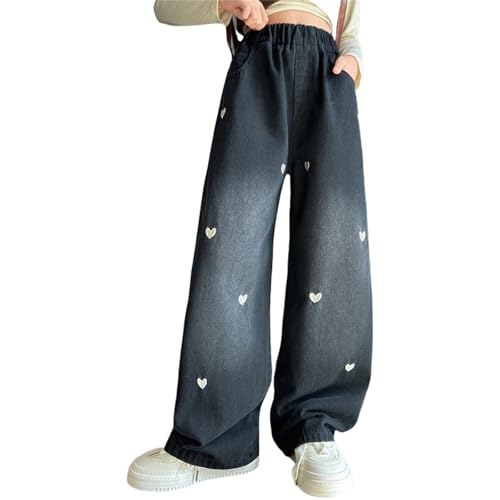 Girls Denim Jeans Elastic High Waist Button Heart Baggy Straight Leg Pants Streetwear Trendy Cute Trousers with Pockets