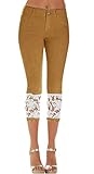 HTOOHTOOH Women Summer High Waisted Skinny Denim Stretch Lace Capris Pants Brown XXS