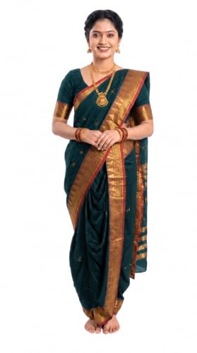 Image of Mom and Me Women Ready to Wear Nauvari Saree, Maharashtrian Peshwai Paithani, 9 Yard Readymade, Acrylic Cotton, Free Size, Traditional Ethnic Saree, with Blouse Piece