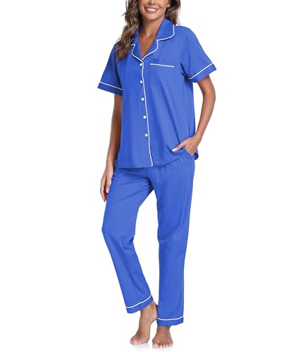 Image of CF Womens 100% Cotton Pajamas Set Button Down Pjs Sets Short Sleeve Top & Long Pants Sleepwear Comfy Loungewear with Pockets