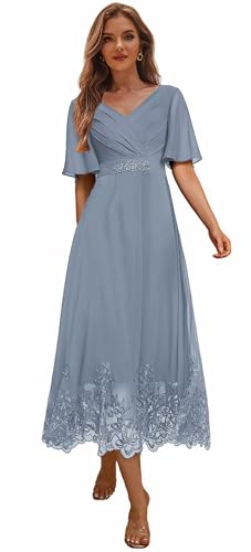 Tea Length Mother of The Bride Dresses for Women V Neck Beaded Chiffon Evening Formal Dress with Sleeves Short3