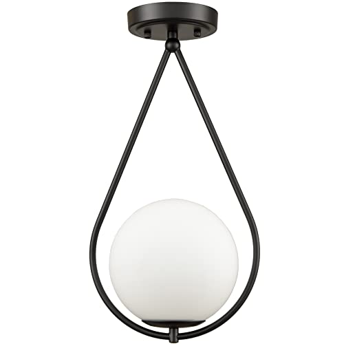 Jeenkae Modern Hallway Light Fixtures Ceiling Globe Semi Flush Mount Black Ceiling Fixture Opal Glass #TOP11