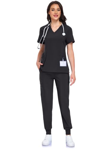 IONARD Scrubs for Women Set-V-Neck Top & Jogger Pants Scrubs Set with 10 Pockets, 4 Way Stretch Black Scrubs Sets for Women(Black,S)