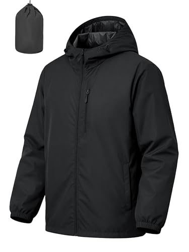 UIQUR Mens Cycling Jacket Rain Jacket Waterproof Windbreaker Raincoat Running Hiking Gear Hood Lightweight Packable Black L