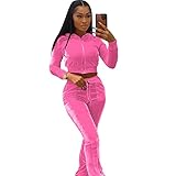 Womens Solid Color 2 Piece Velour Jogger Tracksuit Two Piece Outfits for Women, Long Sleeve Hooded Zip Up Crop Tops Jacket & Flared Elastic Pants Set Casual Sportswear Jogging Sweatsuit with Pockets