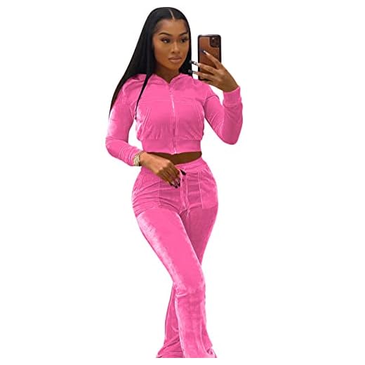 Womens Solid Color 2 Piece Velour Jogger Tracksuit Two Piece Outfits for Women, Long Sleeve Hooded Zip Up Crop Tops Jacket & Flared Elastic Pants Set Casual Sportswear Jogging Sweatsuit with Pockets