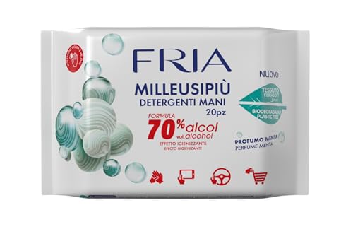 Fria MilleusiPiù Igienizzanti, Salviette Detergenti con Formula Igienizzante al 70% di Alcol, Tessuto Fibrasoft 3 Strati Biodegradabile, Confezione da 20 Salviette