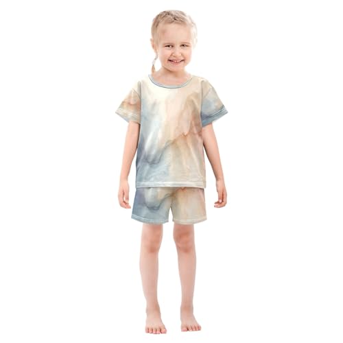 Teal Watercolor Marble Kids Pjs Set Boys Girls Summer Short-Sleeve Sleepwear Pajamas 2PCS3