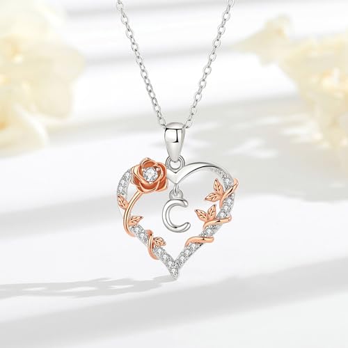 Rose Heart Initial C Ketting voor Vrouwen Letter C Alfabet Initial Kettingen Koper Rhodium Plated Hanger met Kubieke Zirkonia, Initialen Sieraden Geschenken voor Vrouwen Vrouw 18 - Afbeelding 4